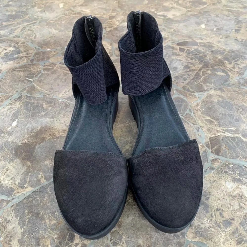 Eileen Fisher Mesh Nubuck Leather Wedge Womens SZ 6.5 Black Sandals